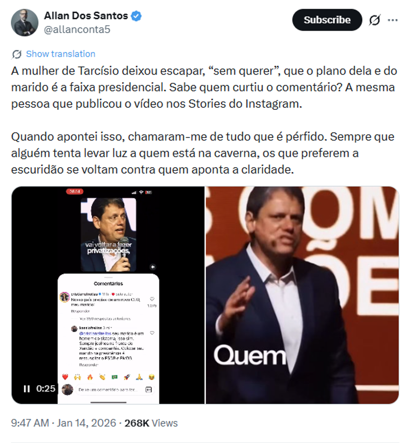 Crítica de Allan dos Santos à ex-primeira-dama.
