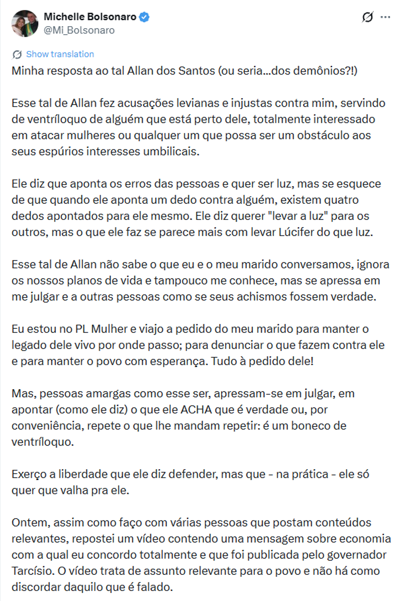 Publicação da ex-primeira-dama Michelle Bolsonaro.