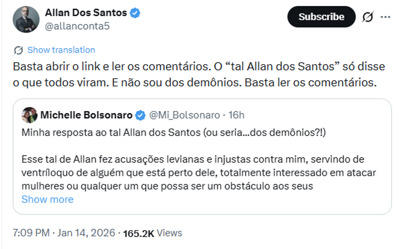 Resposta de Allan dos Santos à ex-primeira-dama.