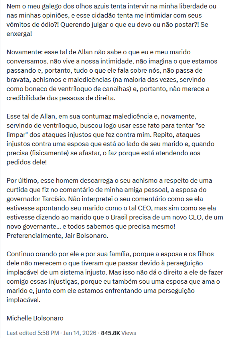 Publicação da ex-primeira-dama Michelle Bolsonaro.