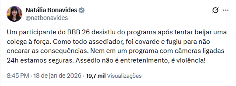 Publicação de Natália Bonavides. 