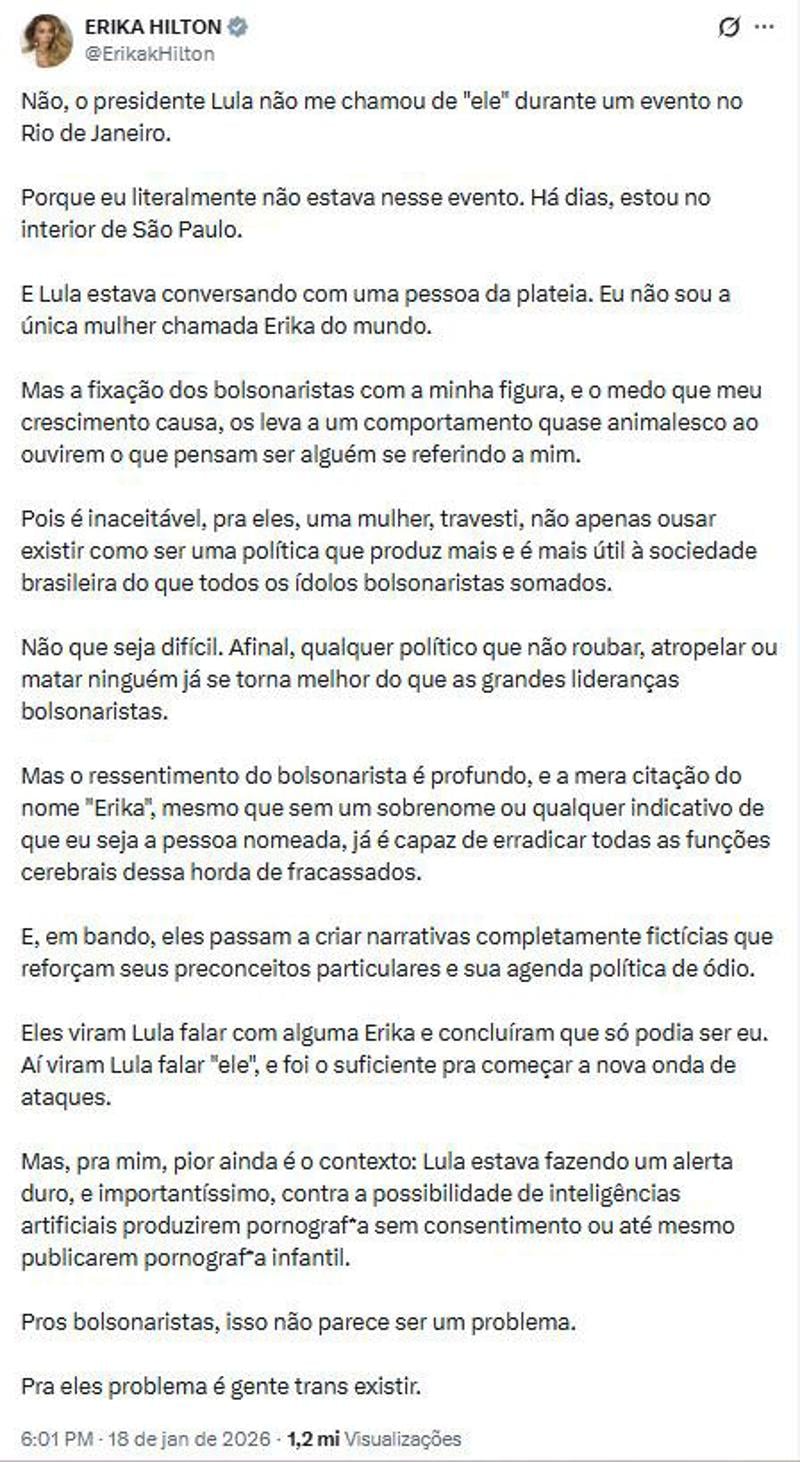 Publicação de Erika Hilton. 