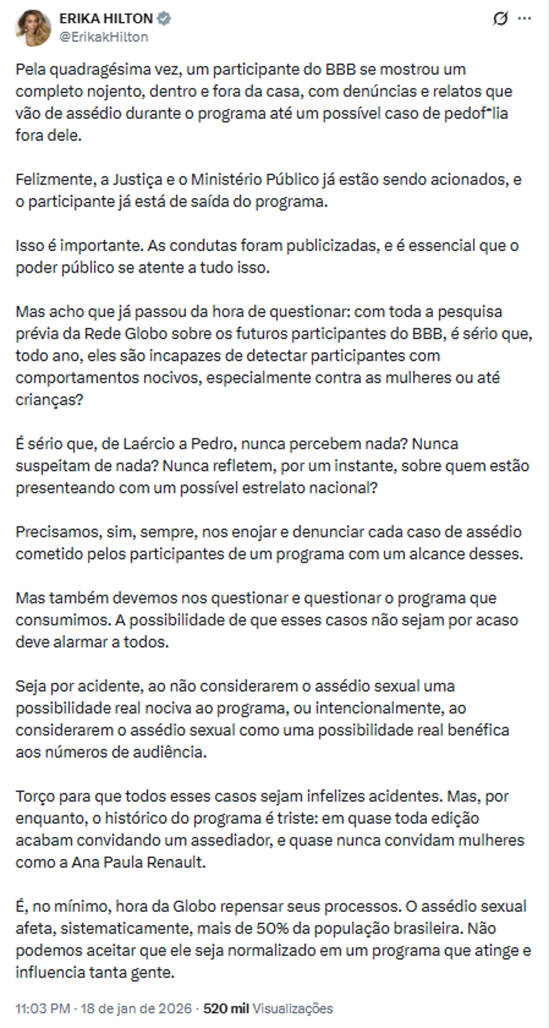 Publicação de Erika Hilton. 