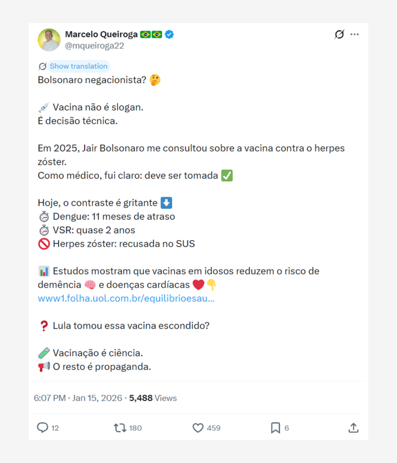 Publicação do ex-ministro da Saúde Marcelo Queiroga.