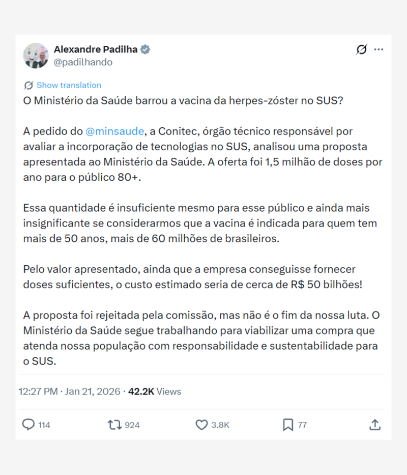 Publicação do ministro da Saúde, Alexandre Padilha.