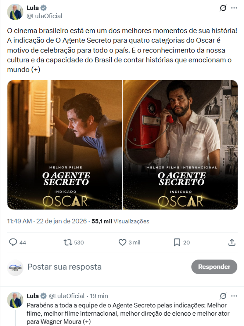 Postagem de Lula sobre O Agente Secreto. 