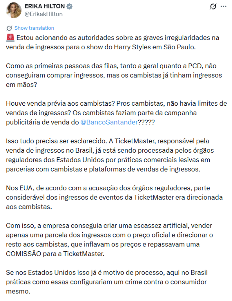 Publicação da deputada Erika Hilton no X.