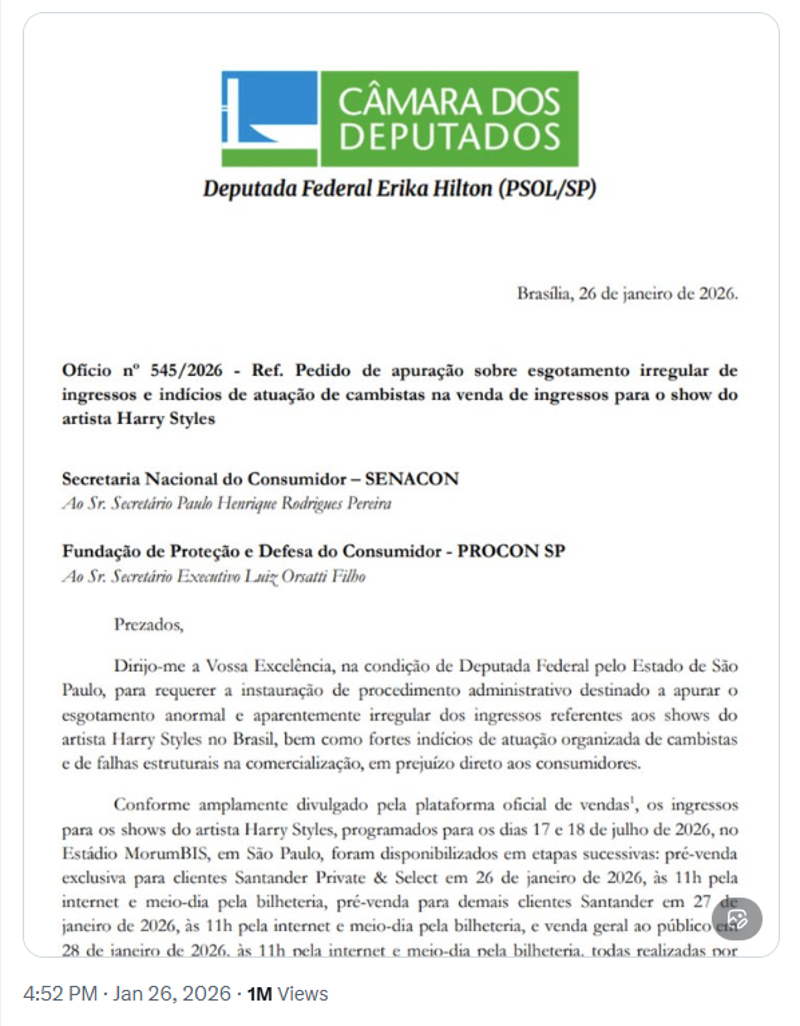 Publicação da deputada Erika Hilton no X.