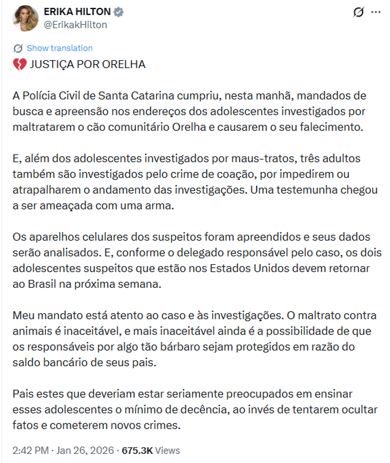 Publicação da deputada Erika Hilton no X.
