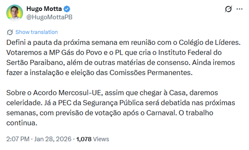 Publicação de Hugo Motta no X.