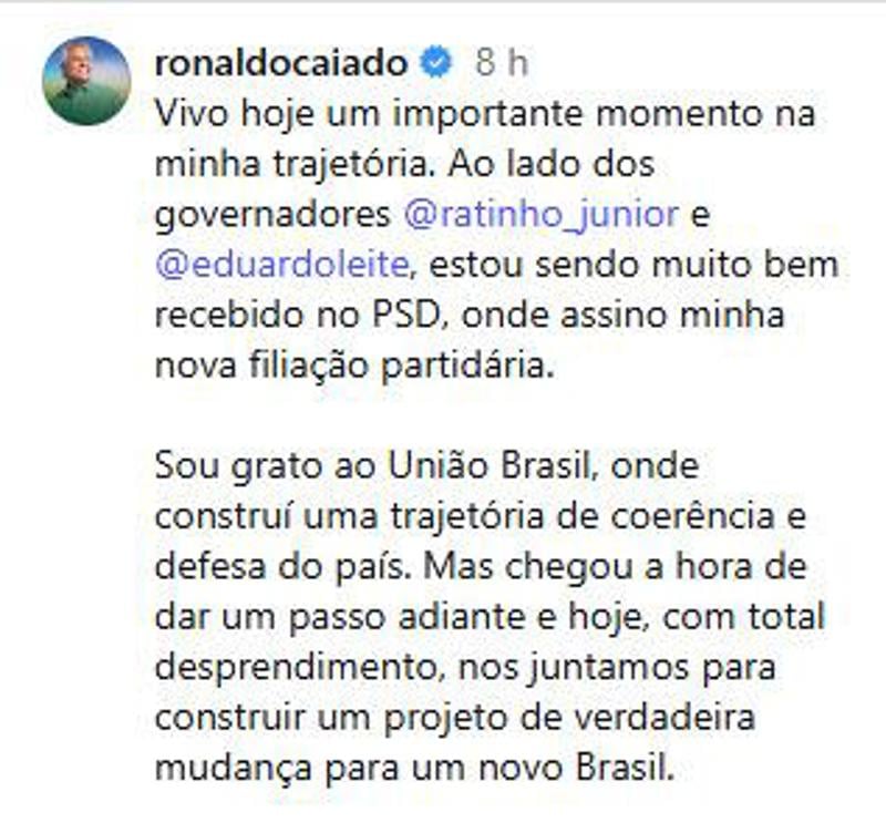 Publicação do governador Ronaldo Caiado. 
