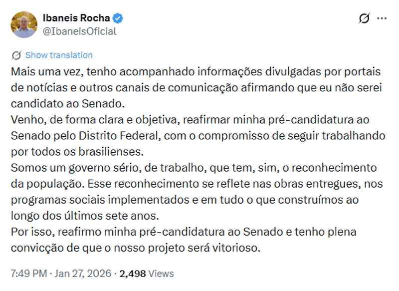 Publicação do governador no X.