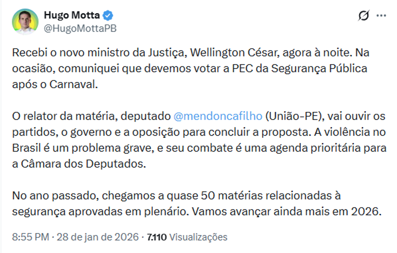 Publicação de Hugo Motta. 