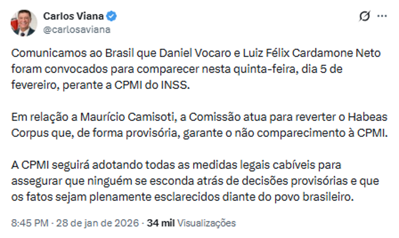 Anúncio de depoimento foi feito por Carlos Viana pelas redes sociais.