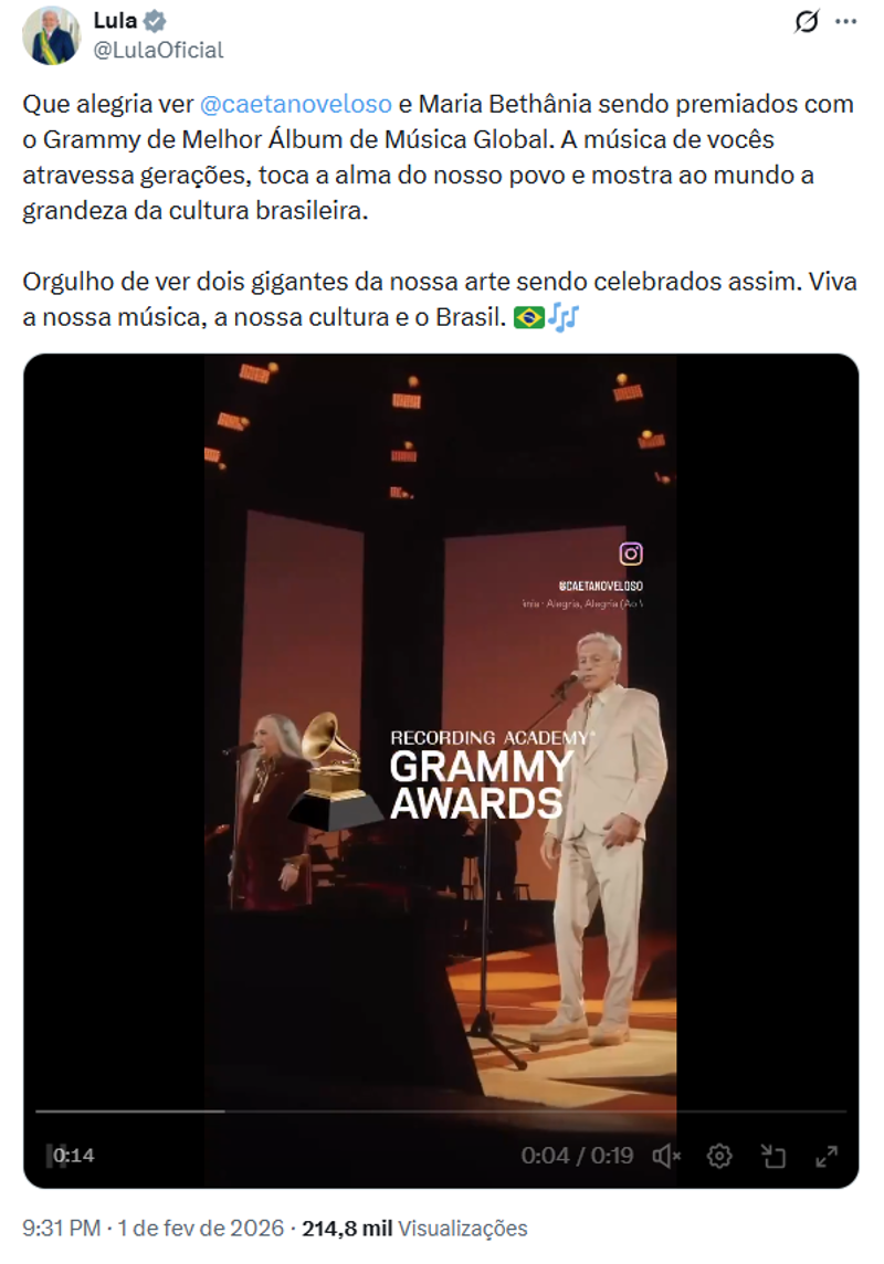 O presidente Lula comemorou nas redes sociais a vitória de Caetano e Bethânia.