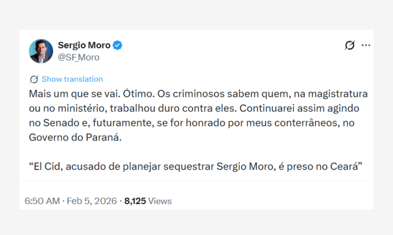 Publicação do senador Sérgio Moro nas redes sociais.