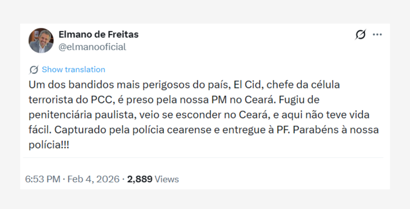Publicação do governador do Ceará nas redes sociais.