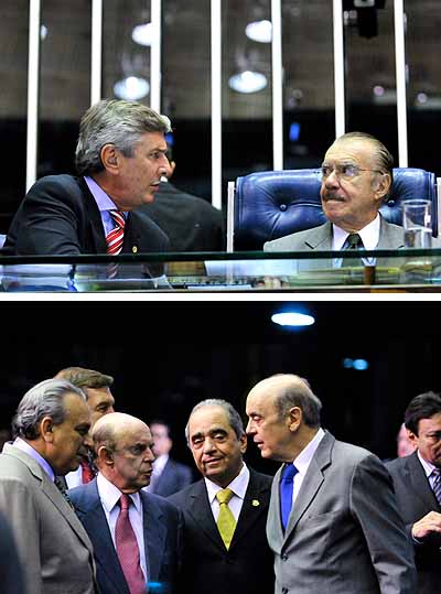 Na Mesa, Collor e Sarney ignoraram Serra, que, no plenário, recebia cumprimentos de oposicionistas e senadores da base aliada Na Mesa, Collor e Sarney ignoraram Serra, que, no plenário, recebia cumprimentos de oposicionistas e senadores da base aliada