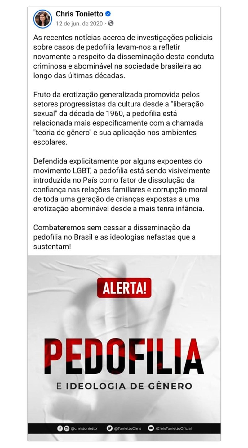 Postagem feita pela parlamentar em 2020.