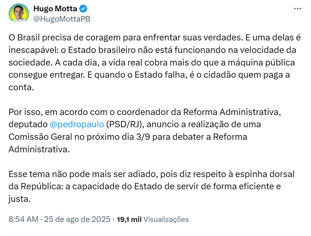 Publicação do presidente da Câmara dos Deputados, Hugo Motta.