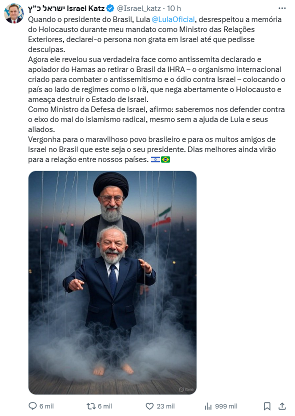 Postagem feita pelo ministro israelense.