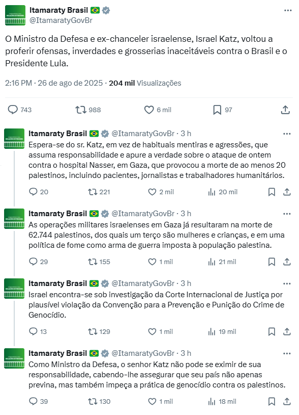 Postagem feita pelo Itamaraty.