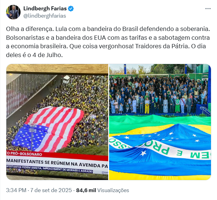 Publicação do deputado Lindbergh Farias (PT-RJ).