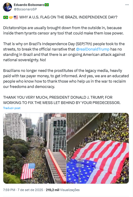 Publicação do deputado Eduardo Bolsonaro (PL-SP). 