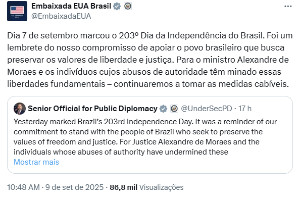 A Embaixada dos EUA compartilhou a mensagem do subsecretário de Diplomacia Pública do Departamento de Estado, Darren Beattie.