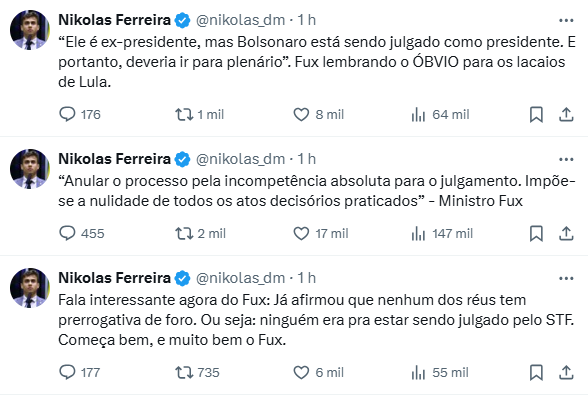 Deputado Nikolas Ferreira elogia fala de Fux.