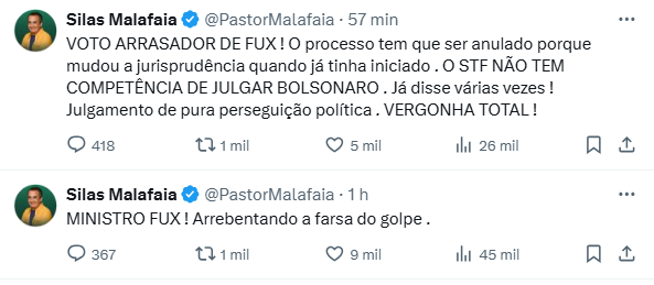  Publicação de Silas Malafaia no X.