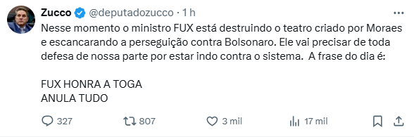 Manifestação do deputado Zucco no X.