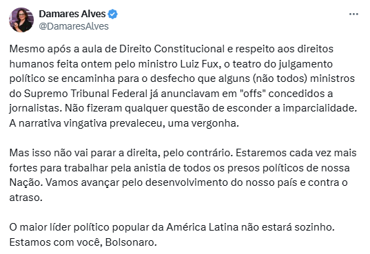 Senadora Damares Alves se manifestou no X.