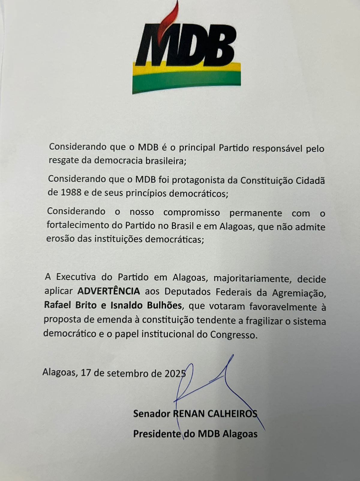 Advertência enviada a deputados emedebisas.
