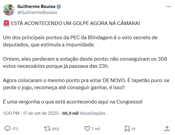 Post feito por Guilherme Boulos