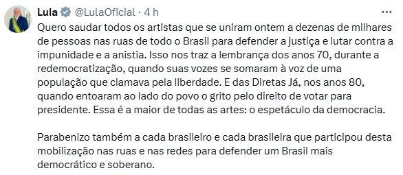 Postagem feita por Lula no X.