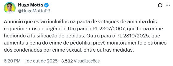 Post feito por Hugo Motta no X.
