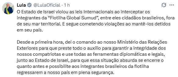 Postagem feita por Lula no X.