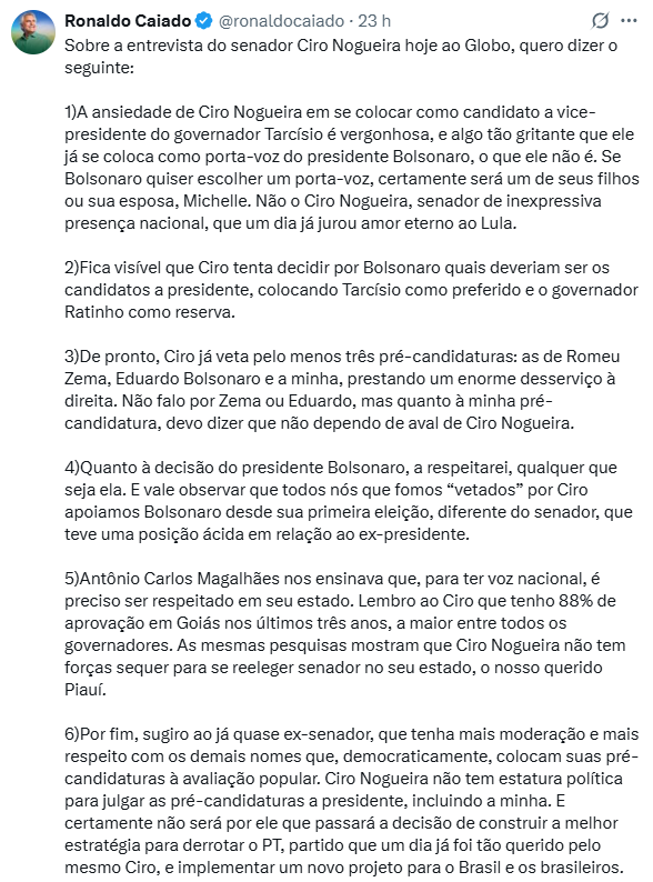 Postagem feita por Ronaldo Caiado.