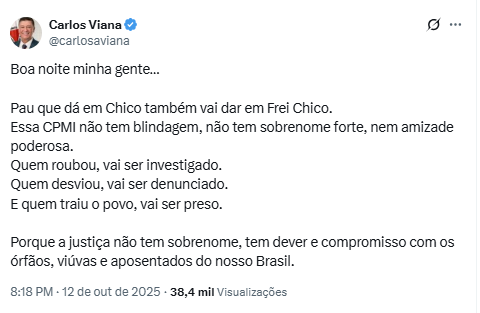Publicação feita na noite de domingo pelo presidente da CPMI do INSS, Carlos Viana.