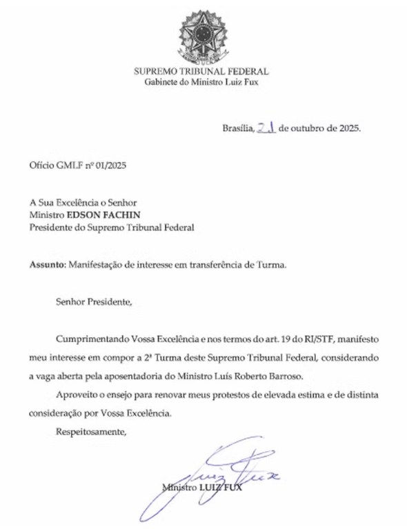 Pedido de Fux foi endereçado ao ministro Fachin, presidente do STF.