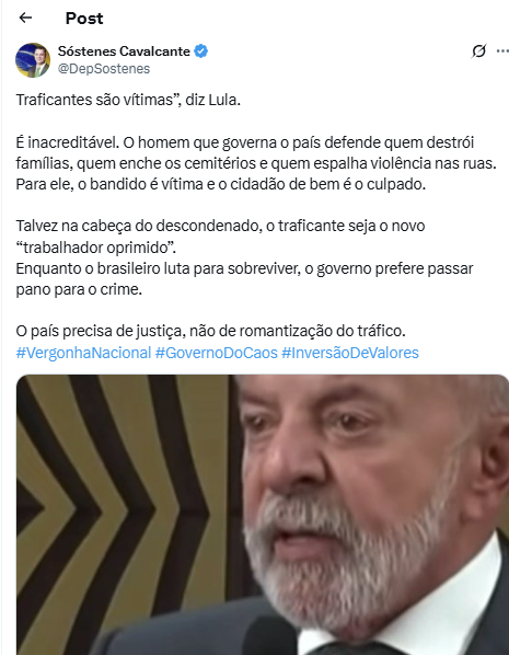 Líder da oposição, Sóstenes Cavalcante criticou a declaração de Lula sobre traficantes e usuários de drogas. Líder da oposição, Sóstenes Cavalcante criticou a declaração de Lula sobre traficantes e usuários de drogas.