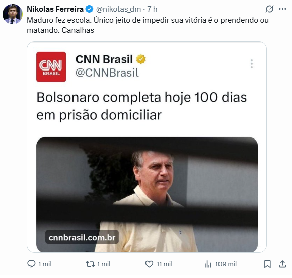 Postagem feita por Nikolas Ferreira nesta terça-feira.