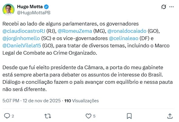 Postagem feita por Hugo Motta no X.