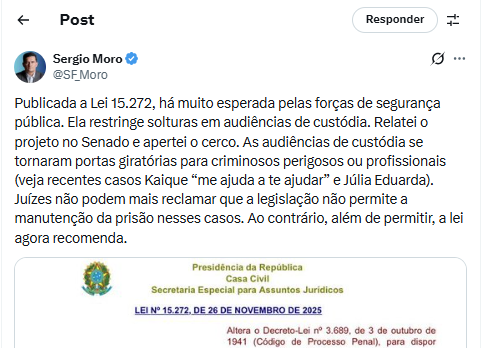 Sergio Moro comemorou nas redes sociais a sanção da nova lei.