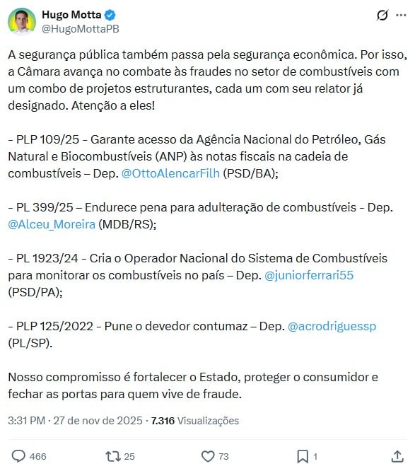 Publicação feita por Hugo Motta no X.