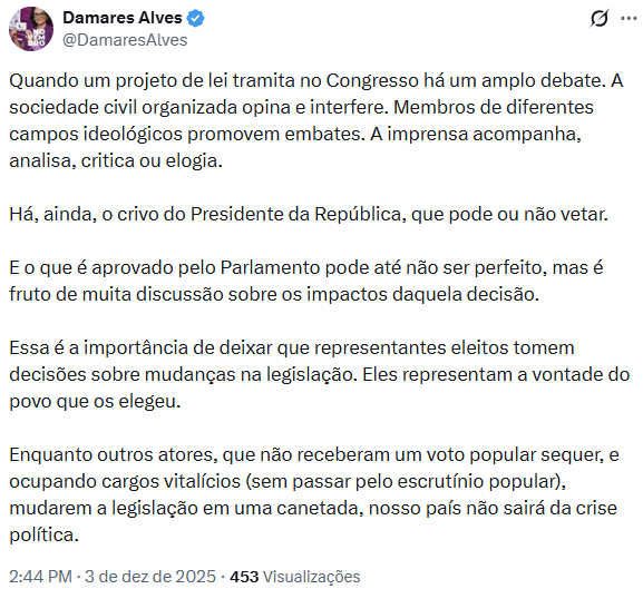 Senadora Damares Alves defende que apenas representantes eleitos tomem decisões sobre mudanças na legislação.