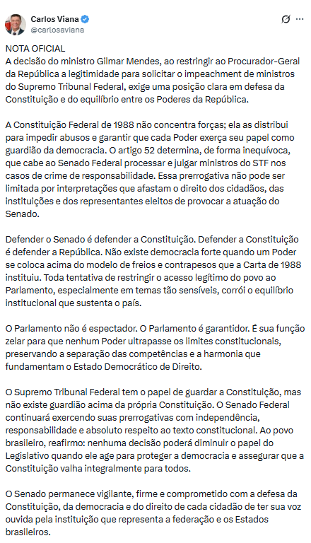 Carlos Viana divulgou nota criticando restrições à possibilidade de impeachment de ministro do STF.