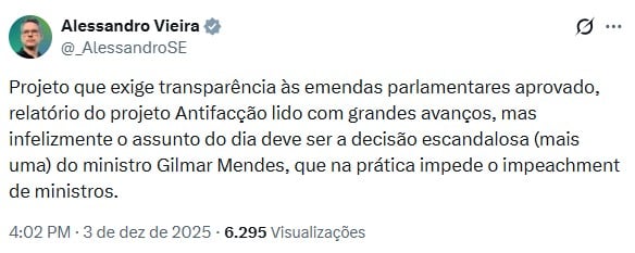 Postagem feita por Alessandro Vieira no X.