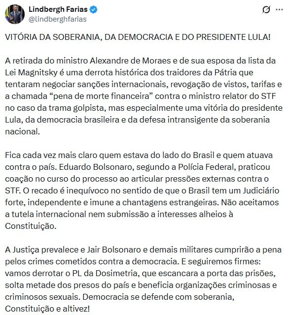 Post de Lindbergh Farias no X.
